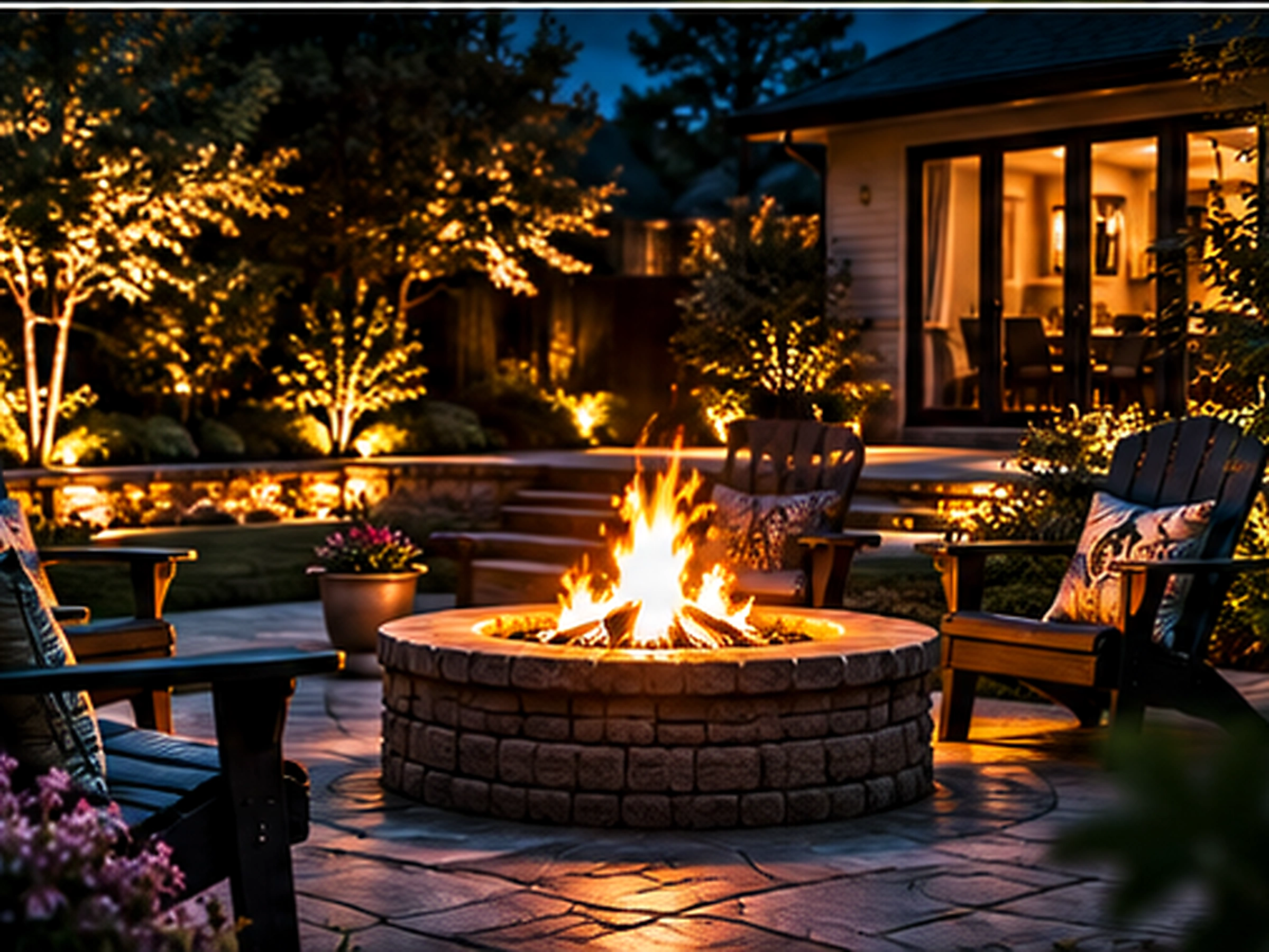 Warmly lit backyard with a fire pit and outdoor seating